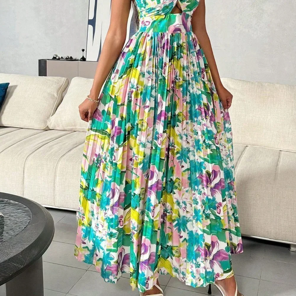 Multicolor Boho Womens Floral Printed Hollow Out Pleated Strapless Dress - Picture 5 of 5